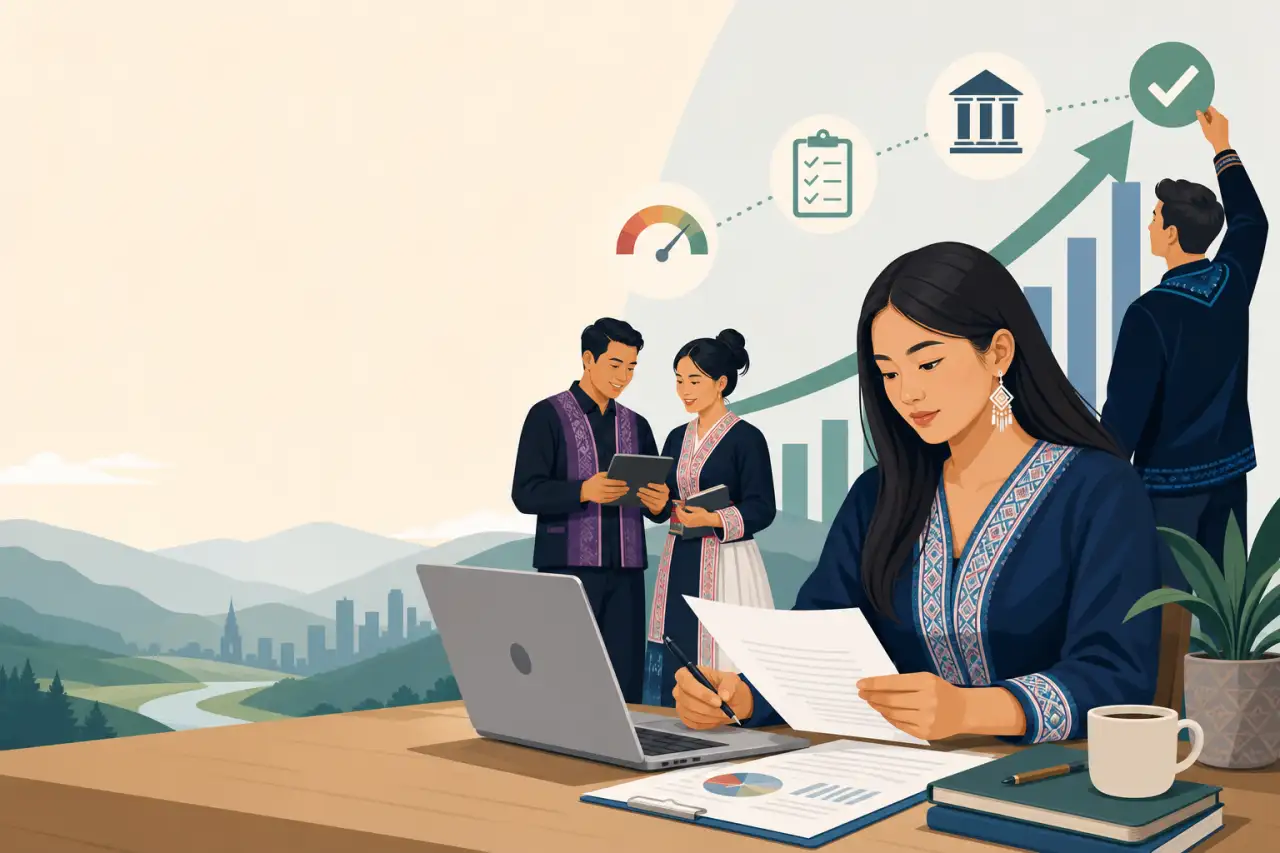 Illustration of professionals in traditional embroidered attire reviewing documents and a laptop, symbolizing rebuilding business credit through growt