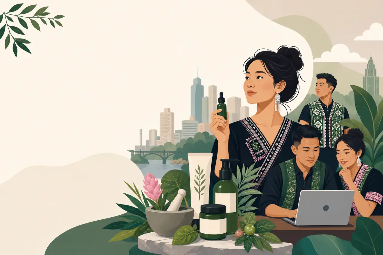 Illustrated banner for an adult acne skincare Hmong brand SEO campaign, showing a woman in traditional embroidered attire holding a serum bottle besid