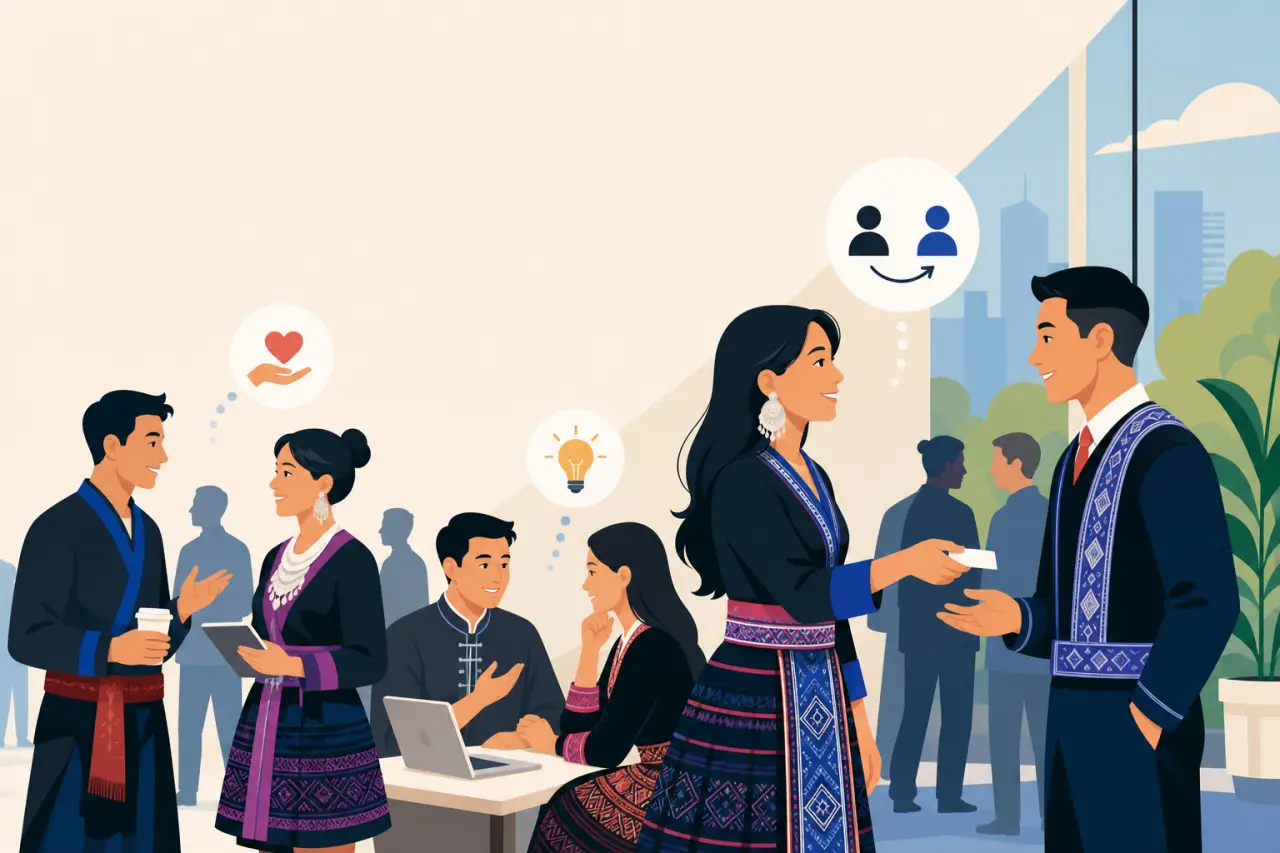 Illustrated professionals in traditional embroidered attire exchange business cards and chat near a laptop, with heart, lightbulb, and connection icon