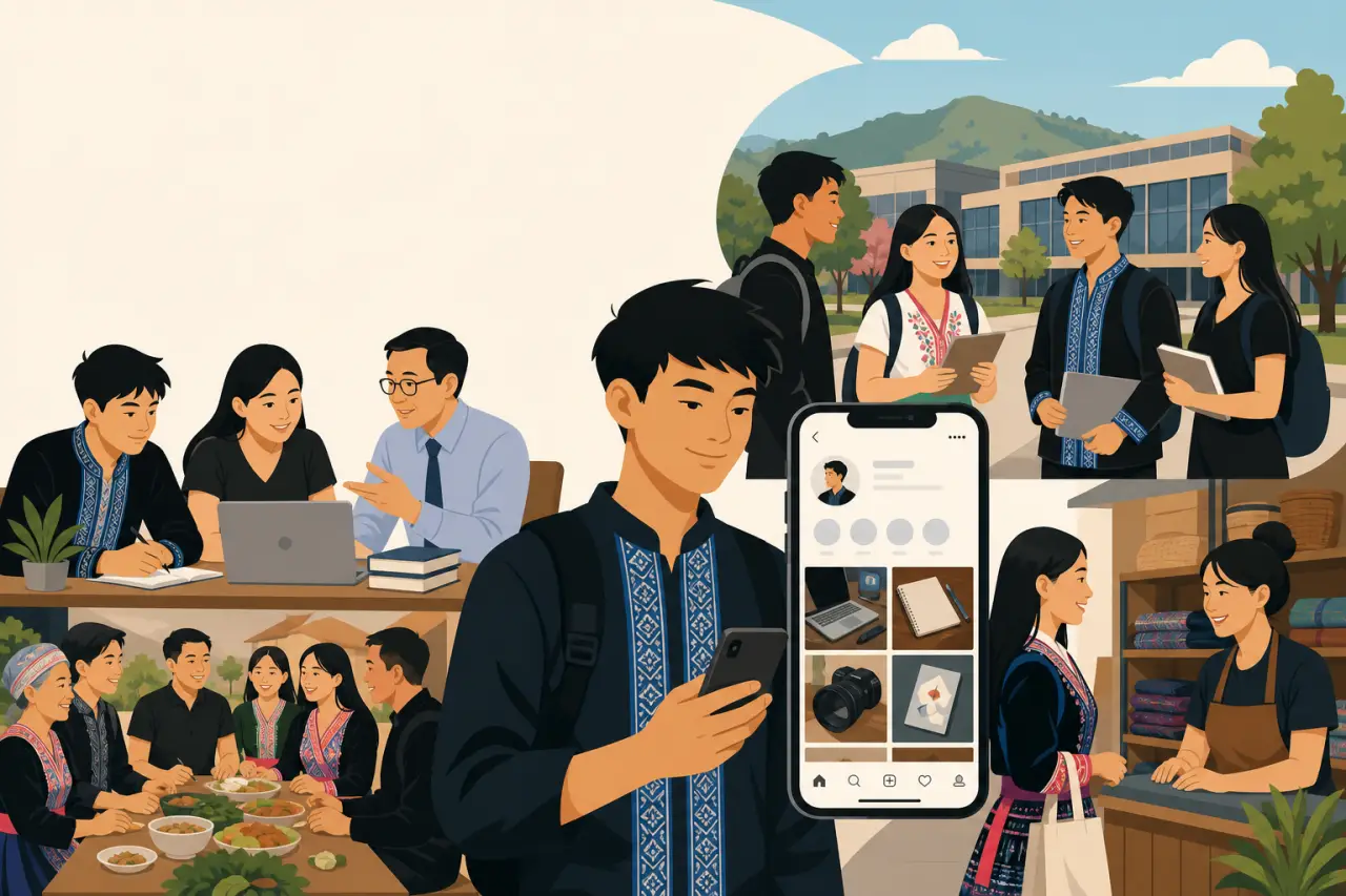 Illustrated collage showing a young man in traditional embroidered attire checking a smartphone app while scenes of studying, family meals, campus lif