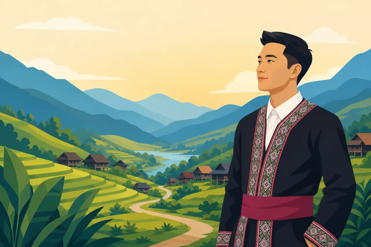 Illustrated man in traditional embroidered black attire overlooks terraced rice fields, a winding river, and mountain village huts at sunset, styled i
