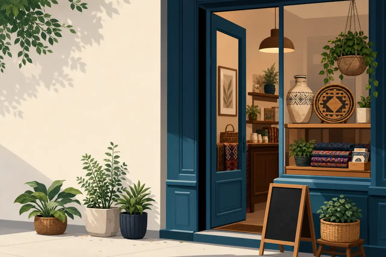Illustrated storefront with a navy blue open door, potted plants, woven baskets, textiles, and a blank chalkboard sign, reflecting authenticity in sma
