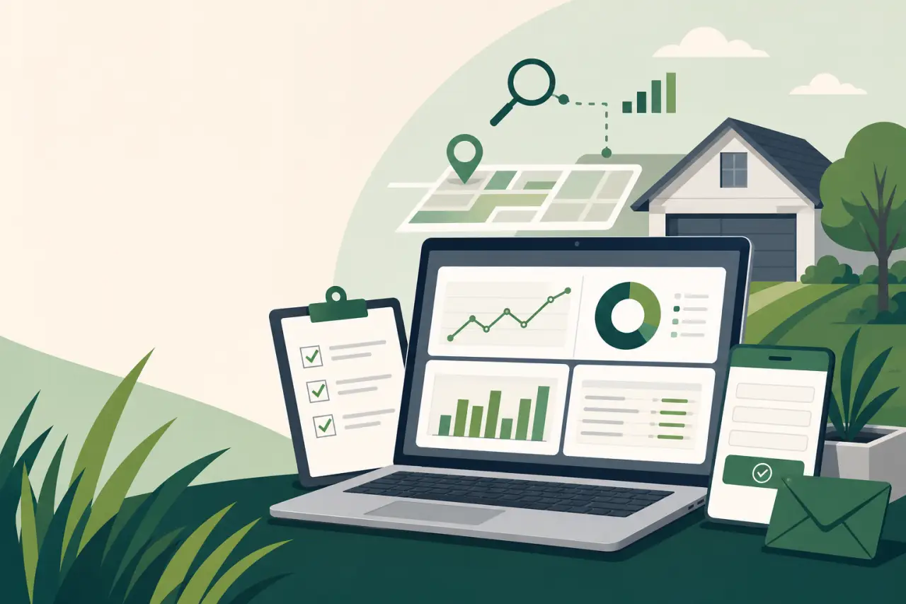 Illustration of a laptop, tablet, and smartphone displaying charts, checklists, and maps beside a house and lawn, symbolizing data-driven lawn care se