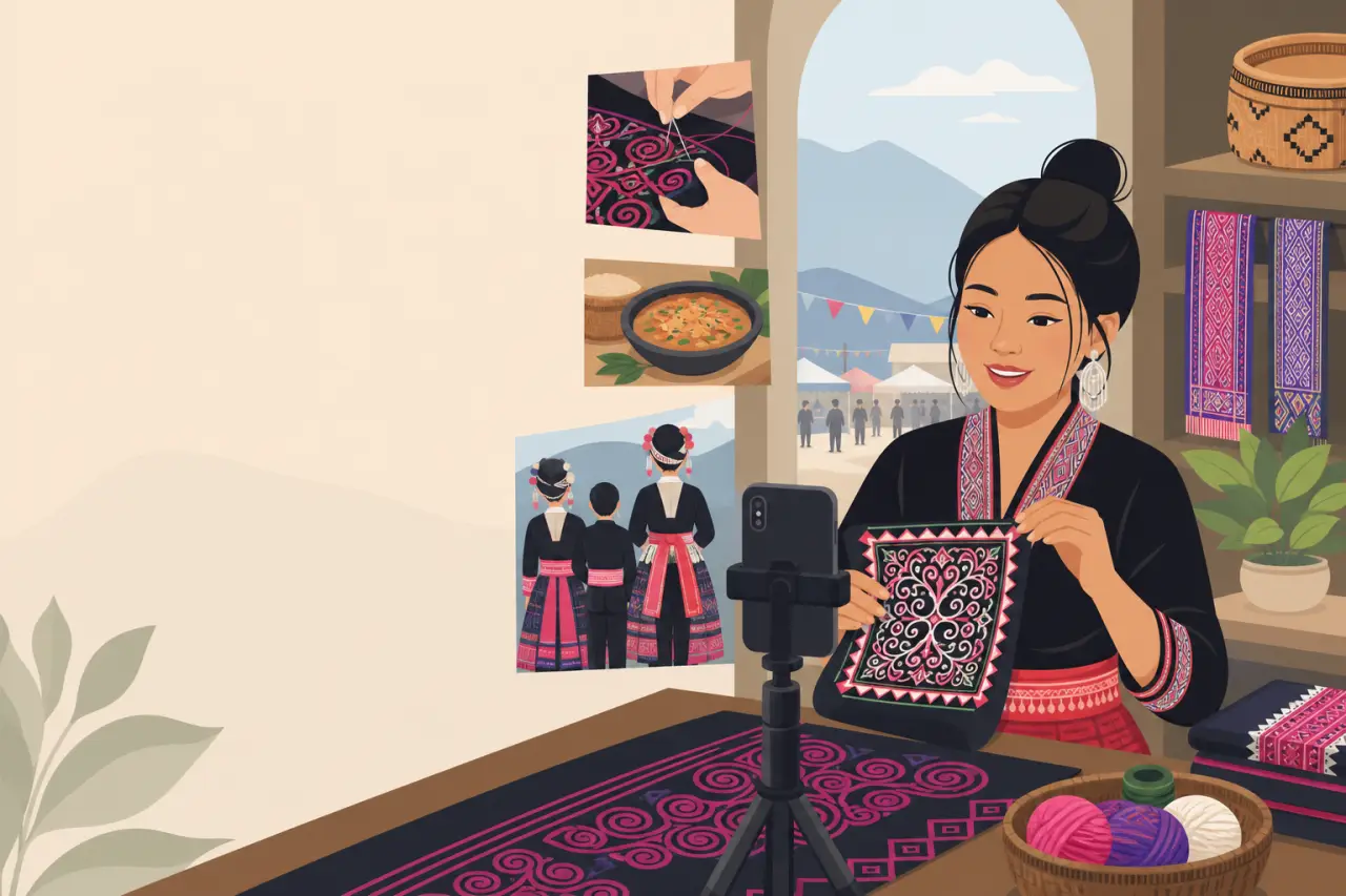Illustrated woman in traditional embroidered attire films handmade textile art on a phone tripod, demonstrating social media marketing for small busin