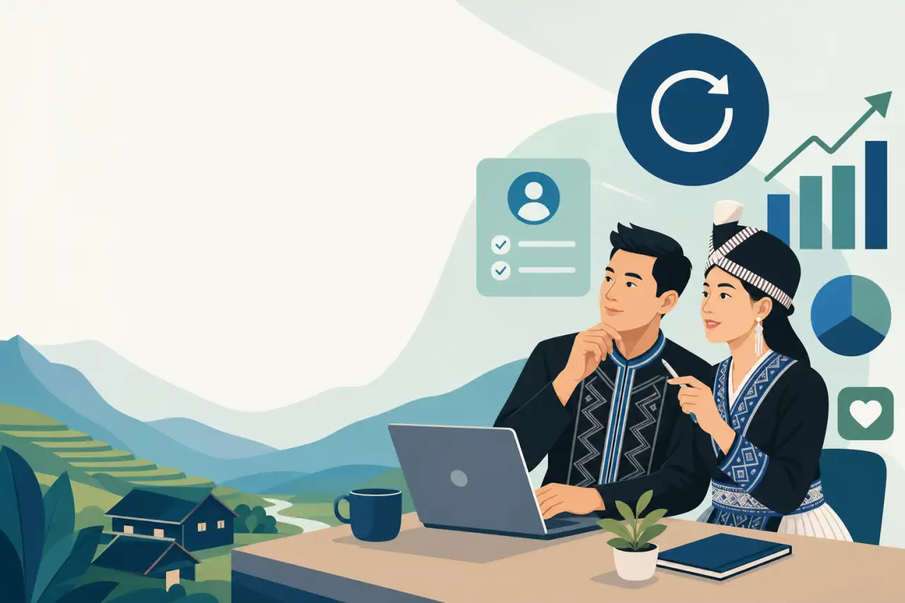 Illustration of a man and woman in traditional embroidered attire discussing a laptop with growth charts, checklists, and refresh icons, symbolizing a
