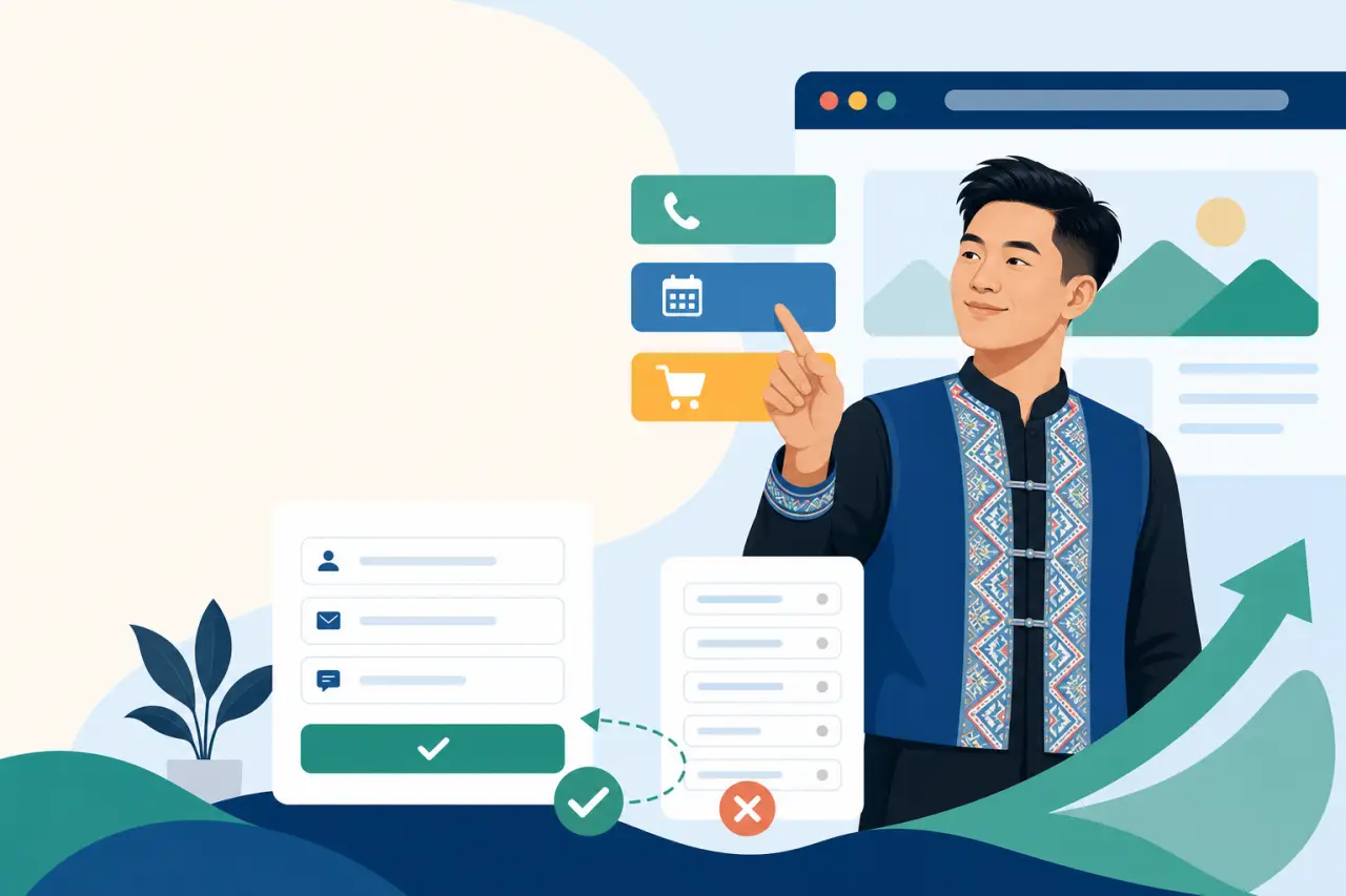 Illustration of a man in traditional embroidered attire selecting call, calendar, and cart icons beside browser and form graphics, symbolizing small b