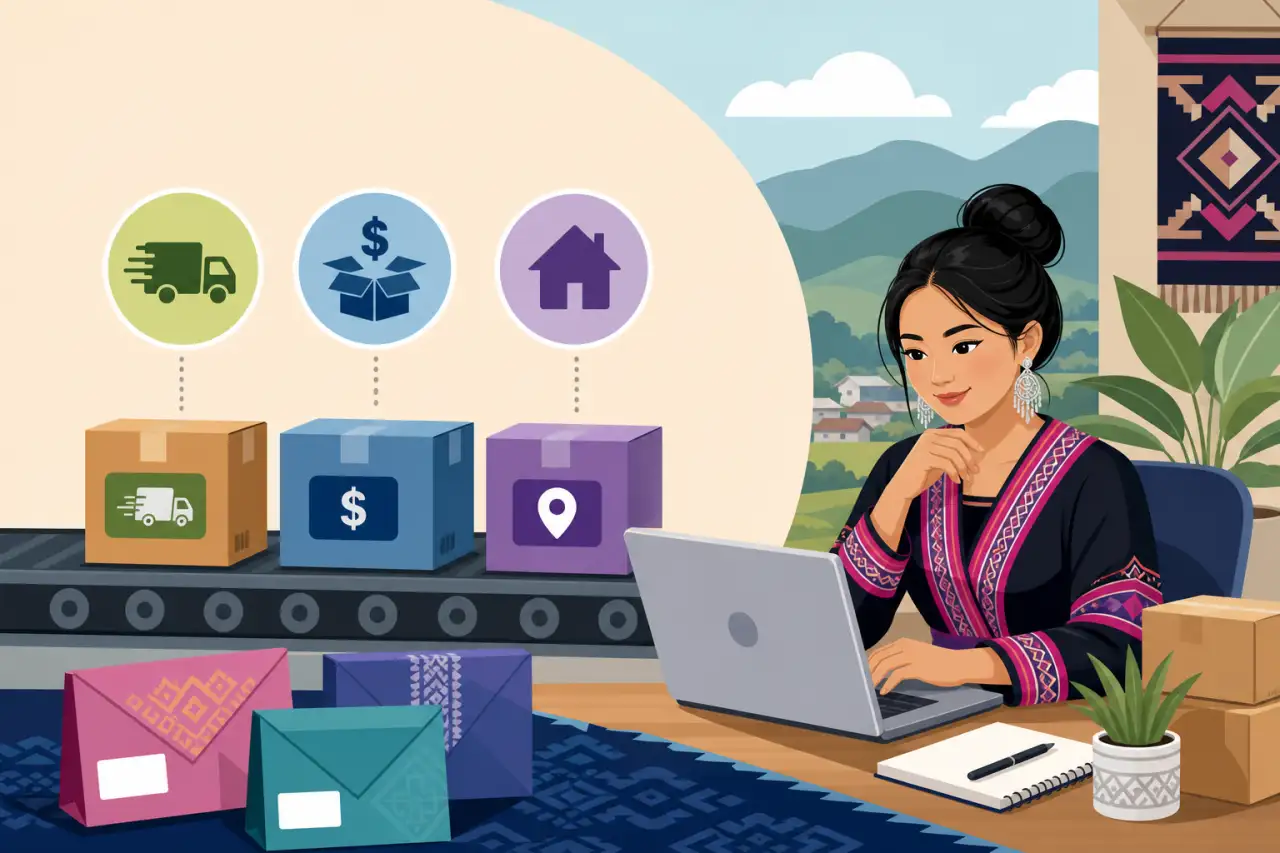 Illustrated woman in traditional embroidered attire works on a laptop beside a conveyor belt of packages, with icons above representing seller shippin