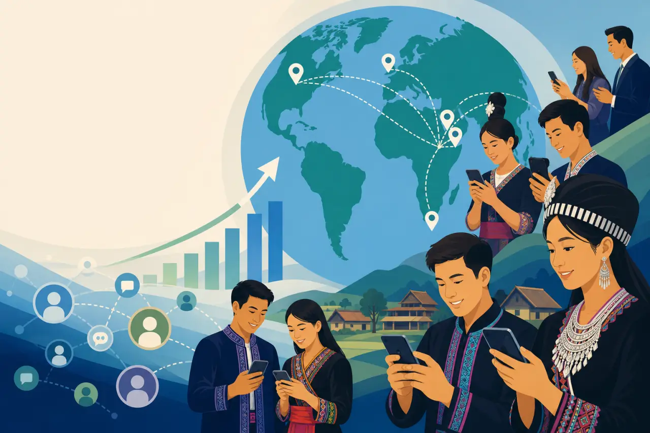 Illustration of people in traditional embroidered attire using smartphones against a world map with connection lines and a rising growth chart, symbol
