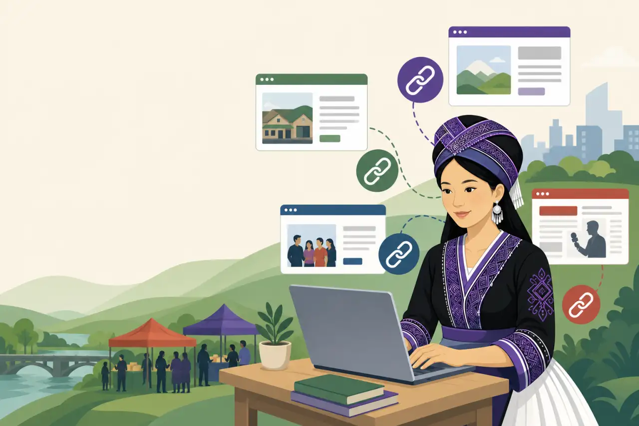 Illustration of a woman in traditional Hmong dress using a laptop surrounded by browser windows and chain-link icons symbolizing backlinks for small b