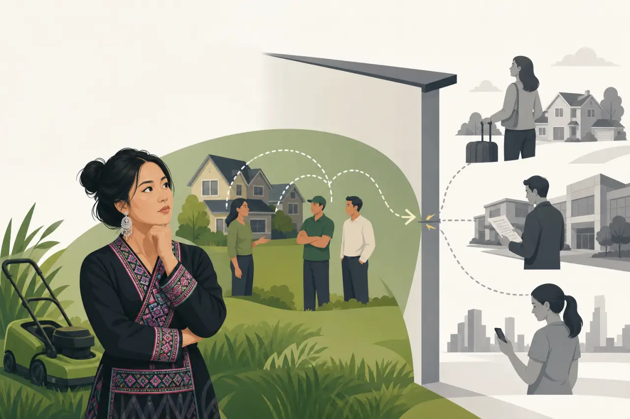 Illustration contrasting a woman in traditional attire reflecting near a lawn mower and neighborhood scene with three grayscale figures representing t