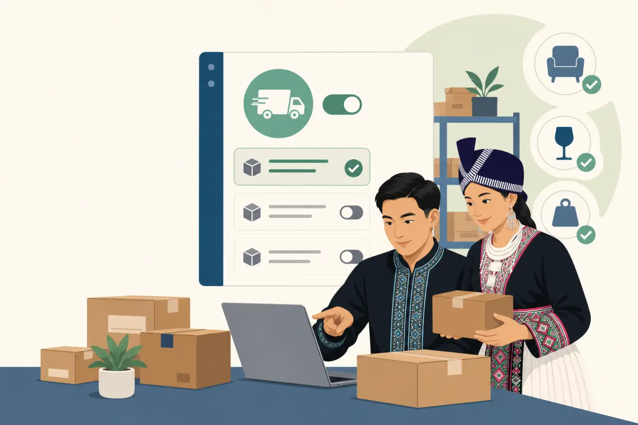 Illustration of a man and woman in traditional attire reviewing a laptop screen displaying seller shipping options with toggle switches, surrounded by