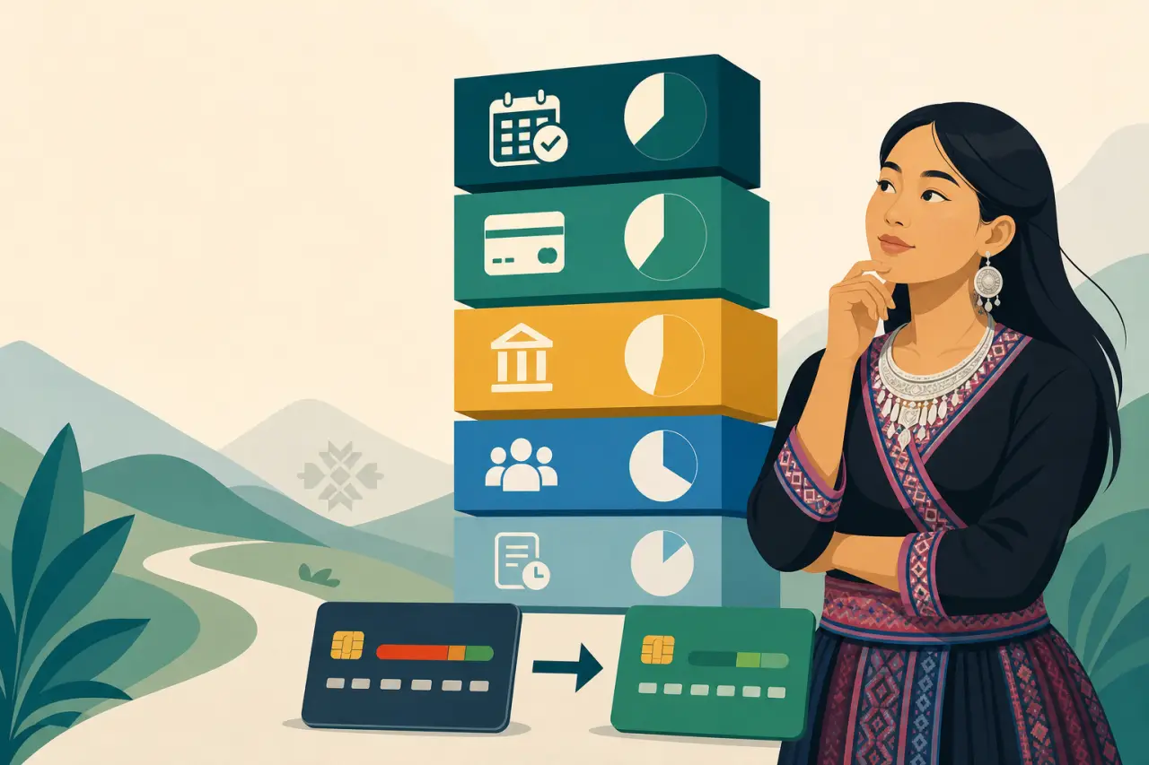 Illustration of a thoughtful woman in traditional attire beside stacked icons representing calendars, payments, banks and people, symbolizing steps in