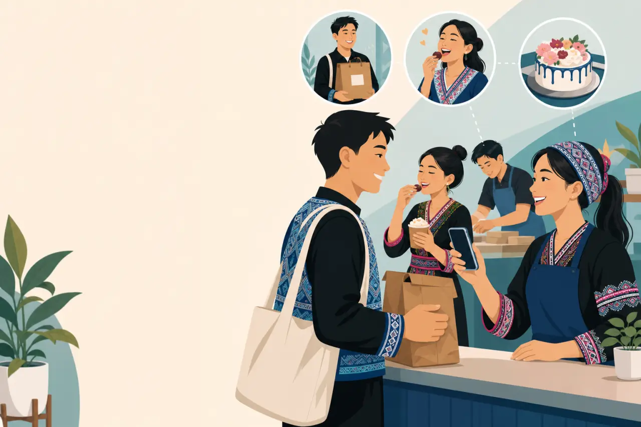 Illustration of Hmong-attired shopkeepers serving customers with pastries, coffee, and a decorated cake, with circular inset icons showing takeout del