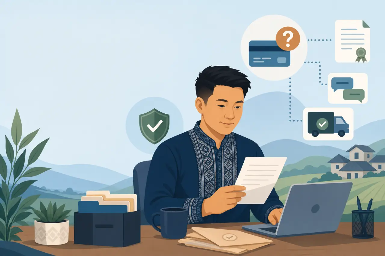 Illustrated man reviewing a document while using a laptop at a desk with icons for secure payment processing for small business, delivery tracking, ce