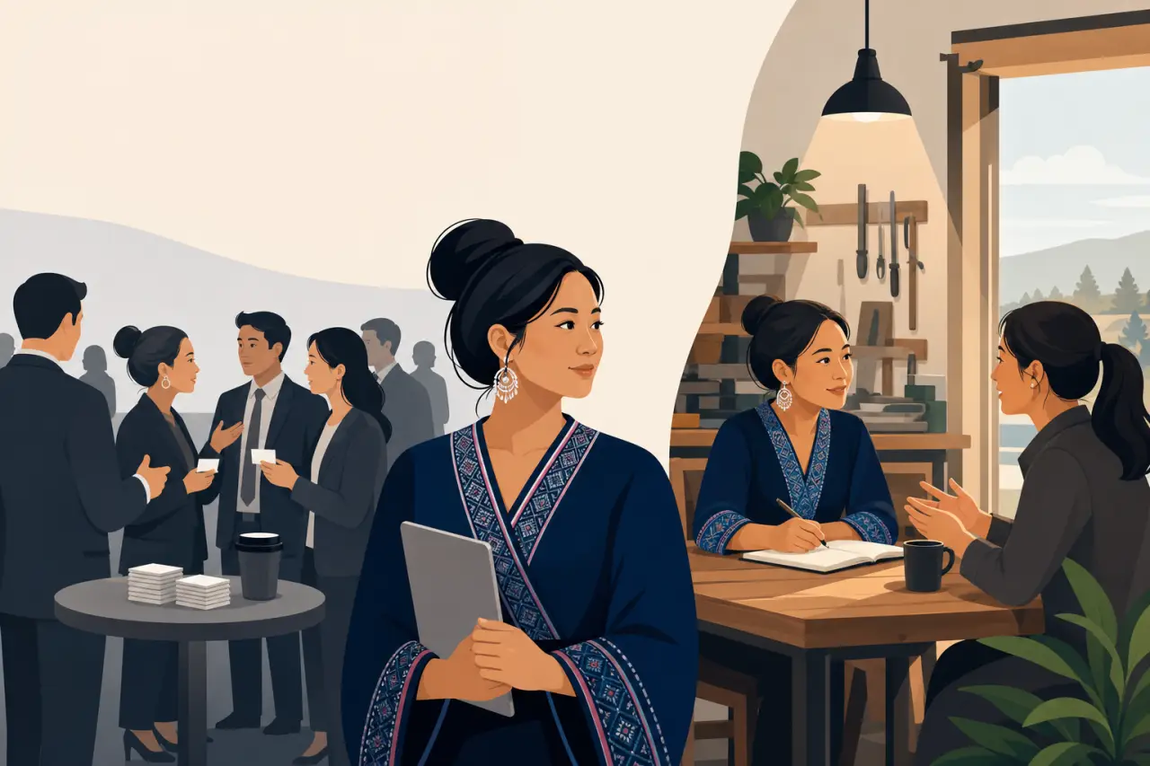 Illustration contrasting a crowded business mixer with a woman in traditional embroidered attire holding a folder, alongside a calmer scene of her tak