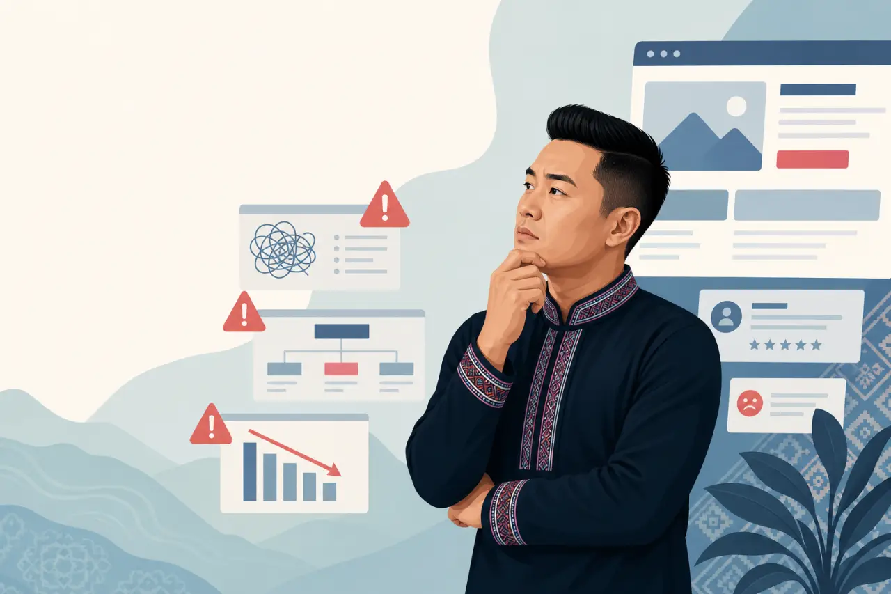 Illustrated man in traditional embroidered attire thoughtfully reviews warning icons, declining charts, and website mockups symbolizing challenges add