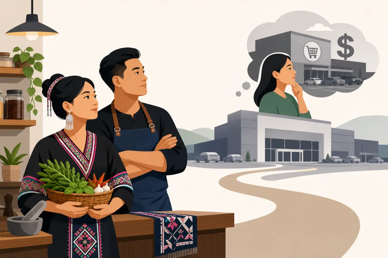 Illustration contrasting a woman in traditional embroidered attire holding a basket of fresh herbs and vegetables beside an apron-clad man, with a dis