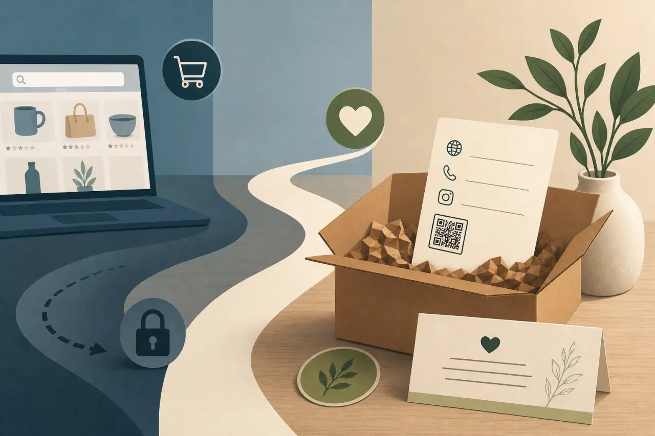 Illustration depicting selling on online marketplaces, with a laptop shopping screen connected by a winding path to an unboxed package featuring a QR