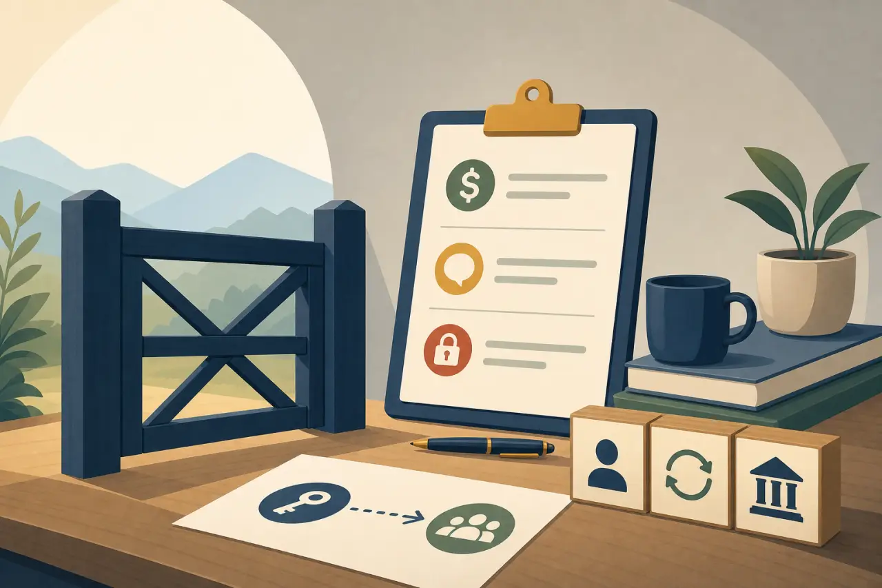 Illustrated desk scene with a checklist clipboard, wooden gate, key-to-people diagram, and icon blocks symbolizing leadership development for small bu