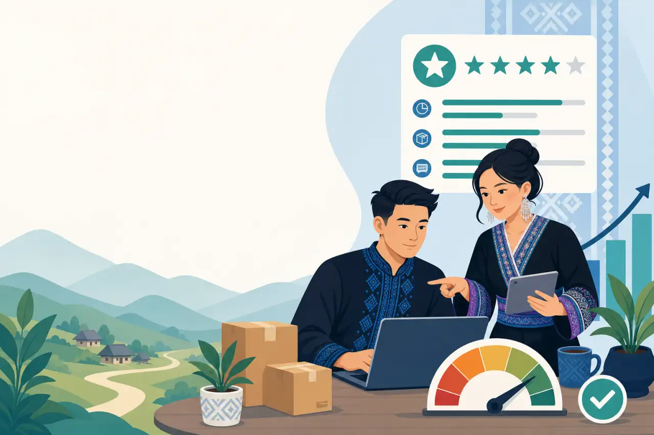 Illustrated man and woman in traditional embroidered attire review a laptop and tablet showing a seller performance rating chart with stars and progre