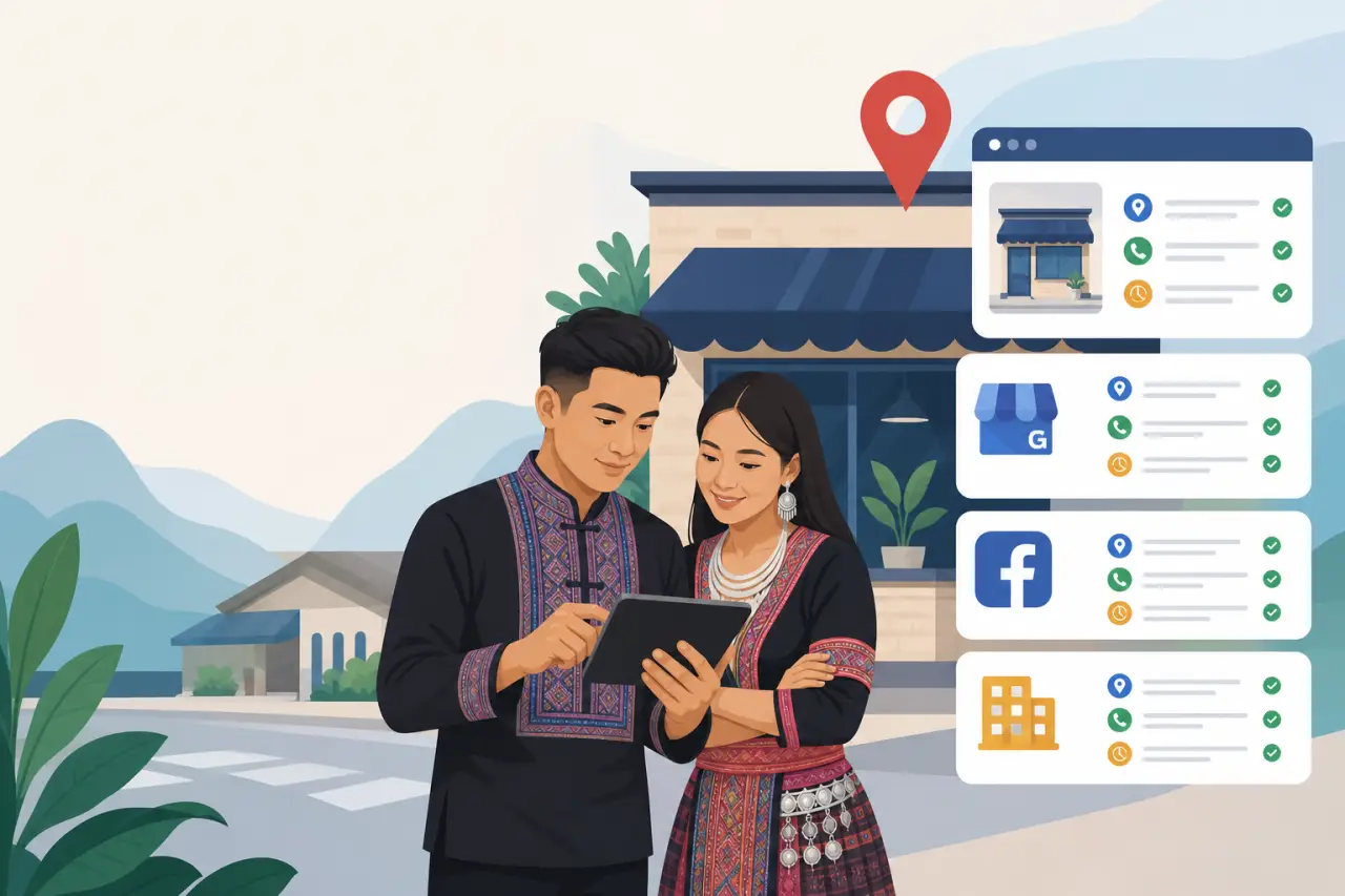 Illustration of a couple in traditional attire viewing a tablet outside a storefront, with map pin and verified business listing panels representing s