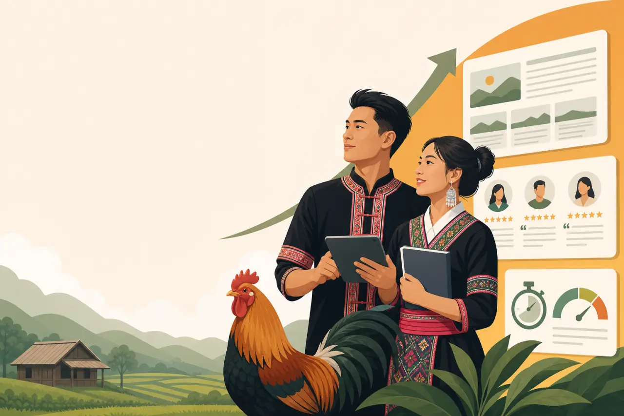 Illustration of a man and woman in traditional Hmong attire holding tablets beside a rooster, with a rural farmhouse and mountain landscape on the lef