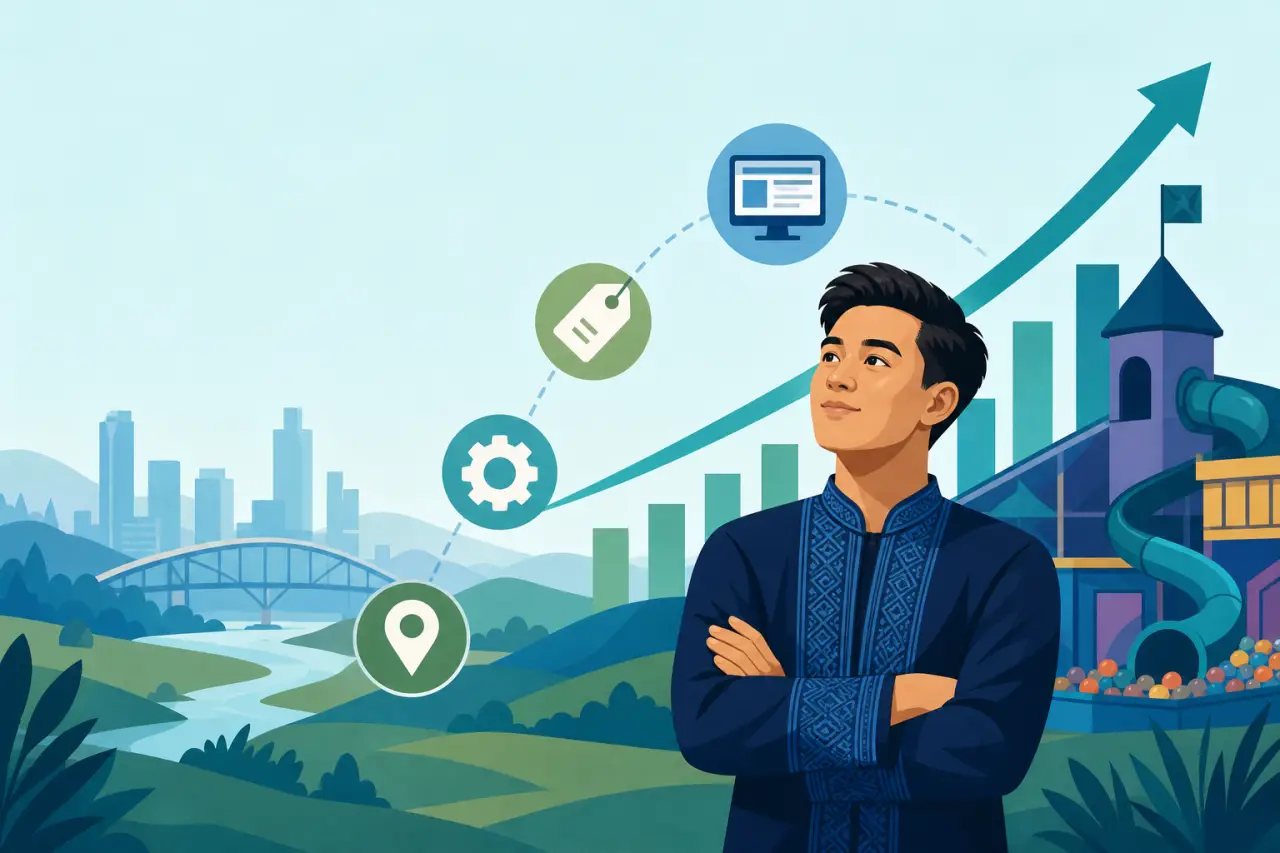 Illustrated man in traditional patterned attire stands confidently beside growth chart icons and a colorful playground with a slide, representing busi
