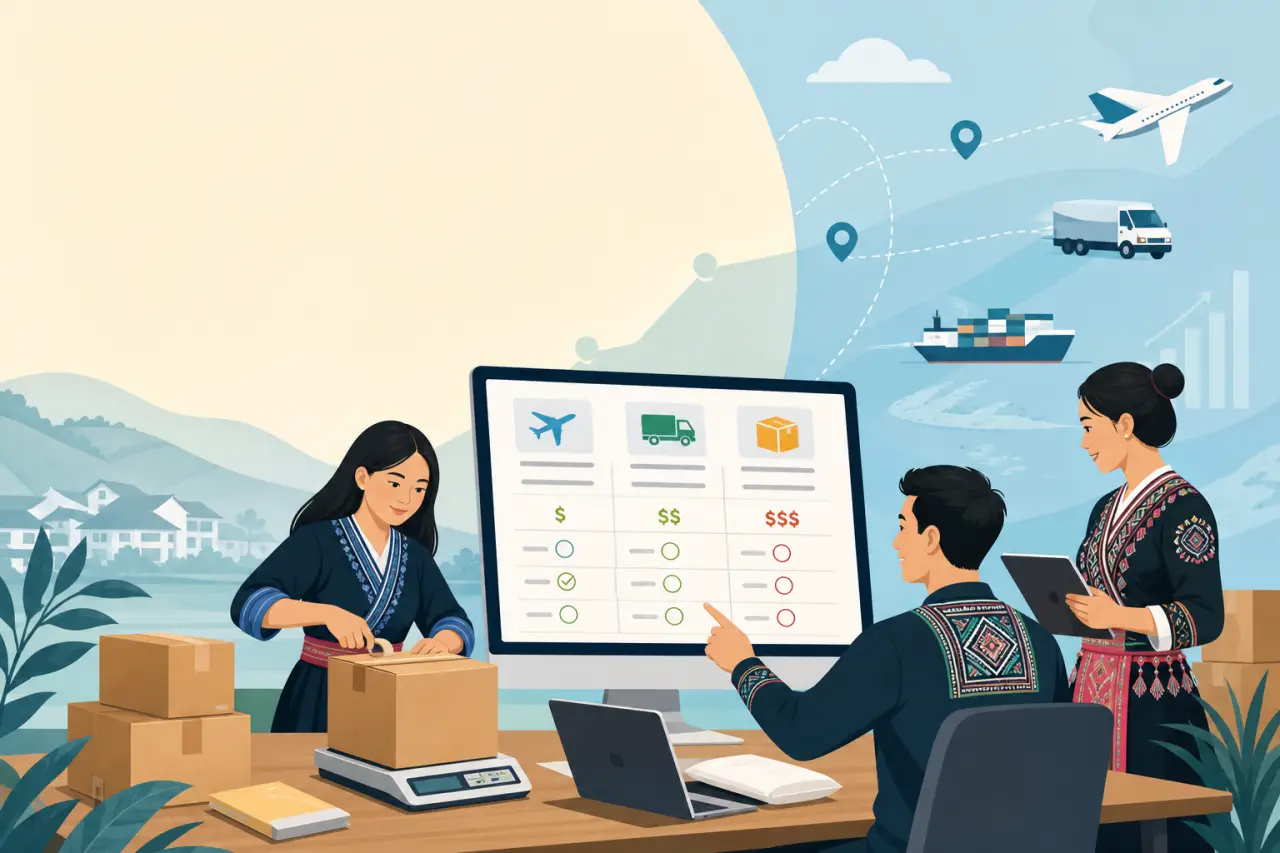 Illustration of a woman packing a box beside a large monitor comparing air, truck, and package shipping costs, while two colleagues in traditional att