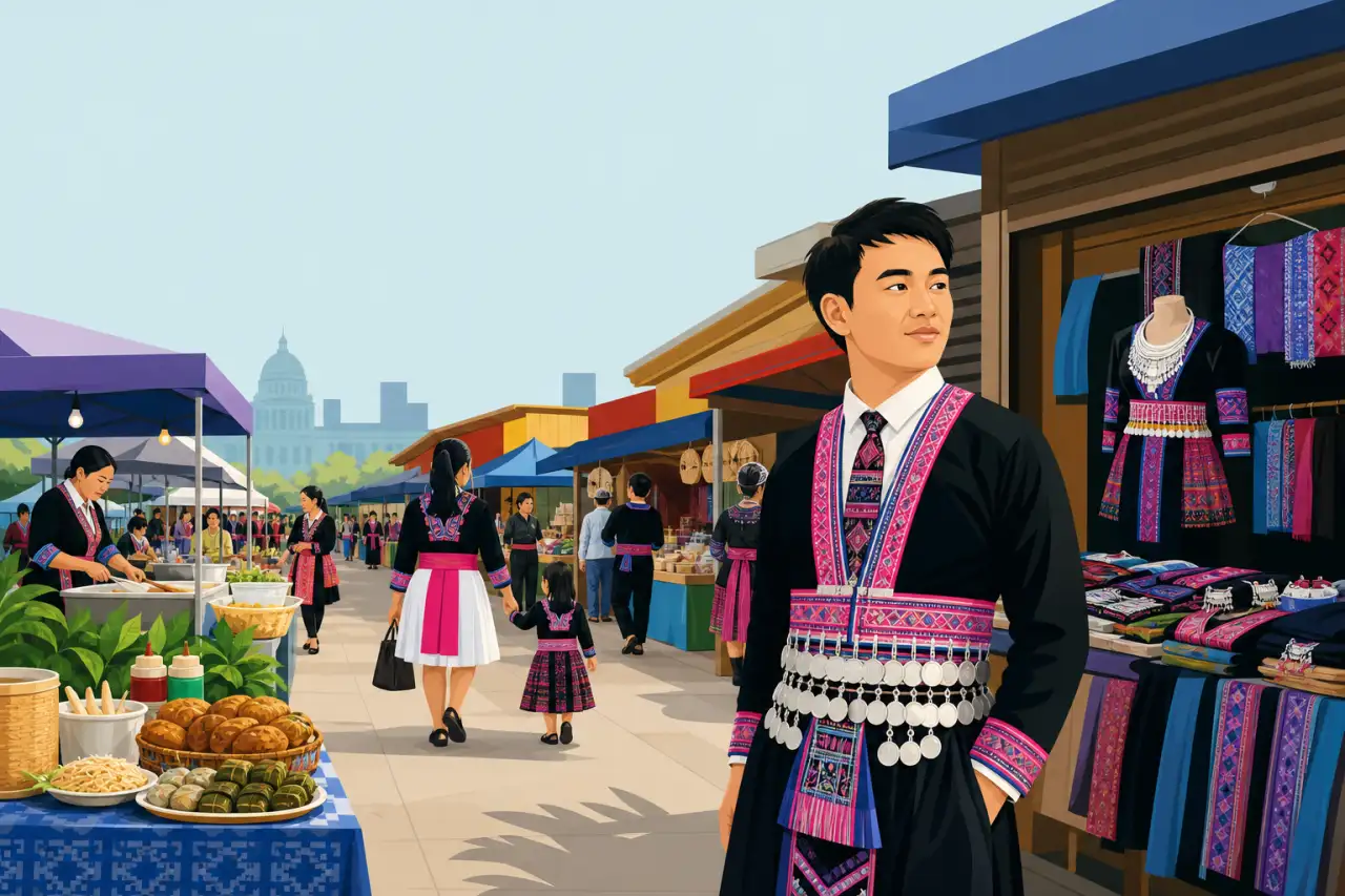 Illustrated street market with vendors and shoppers in traditional embroidered attire and coin belts, food stalls, and textile stands evoking the Hmon