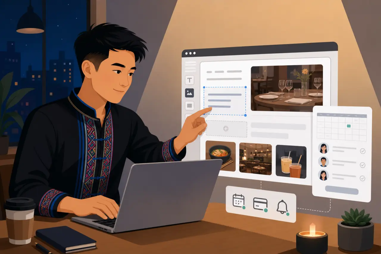 Illustration of a man in traditional embroidered attire using a laptop at night, comparing website builder interfaces with photo galleries, calendars,