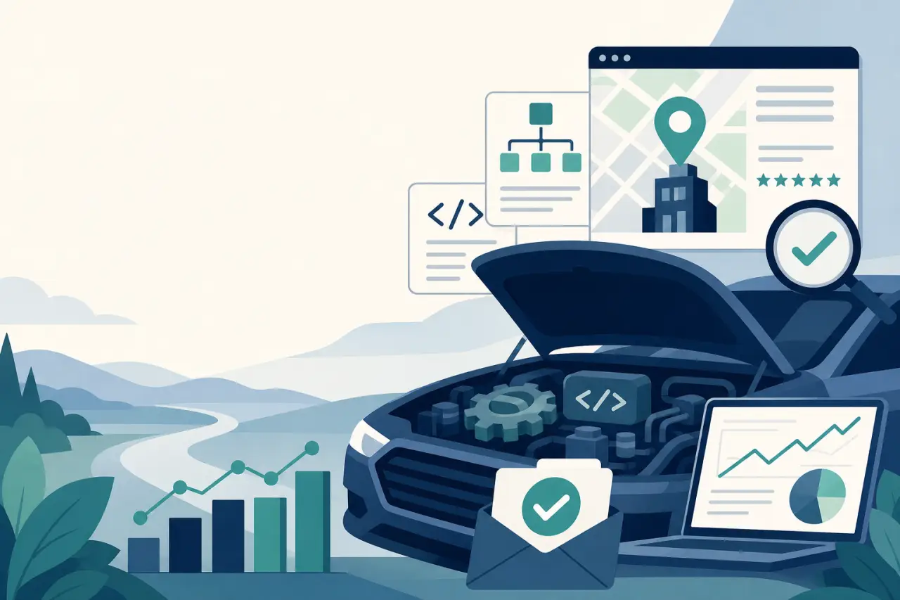 Illustration of a car with an open hood surrounded by code, sitemap, growth chart, and map icons representing digital marketing strategy for mobile de