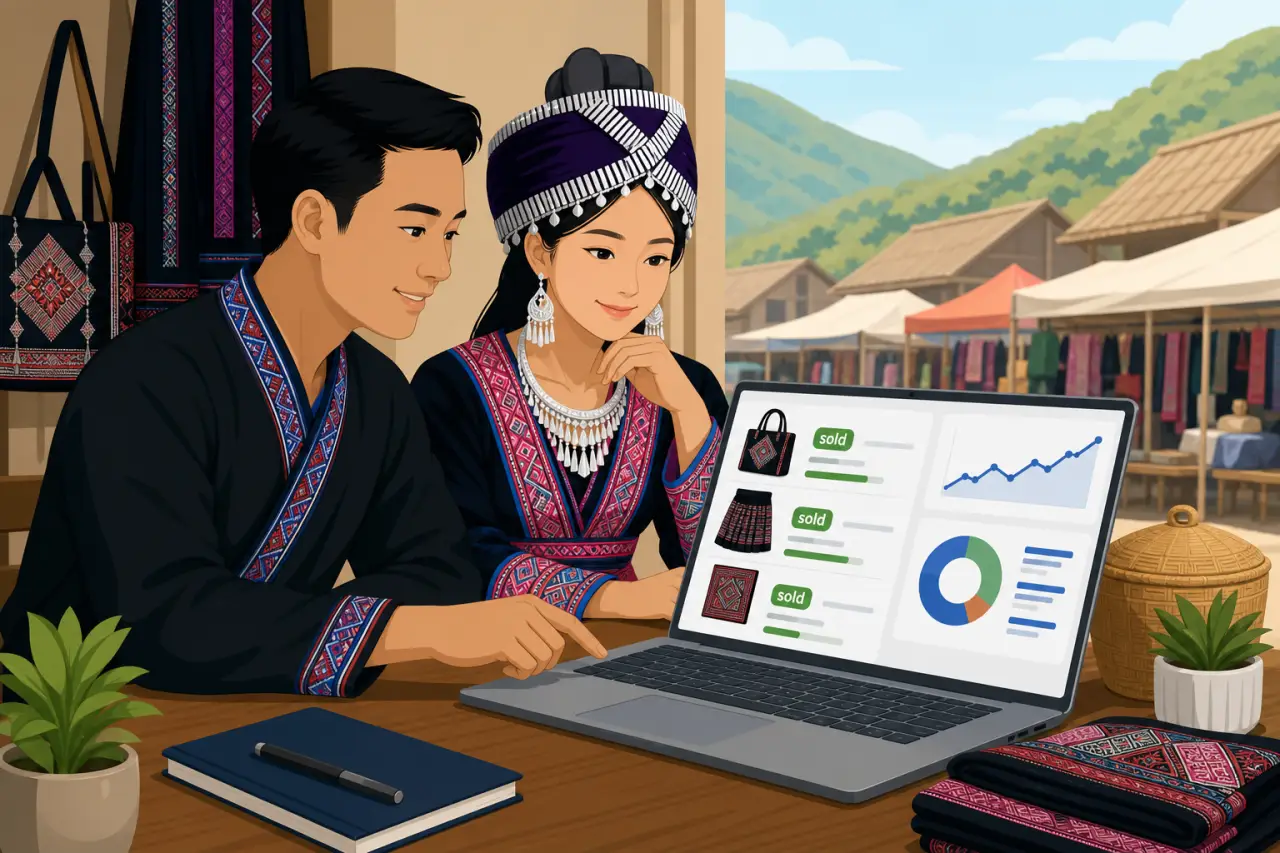 Illustrated couple in traditional embroidered attire review a laptop dashboard showing sold handicrafts and sales charts, using online analytics for p