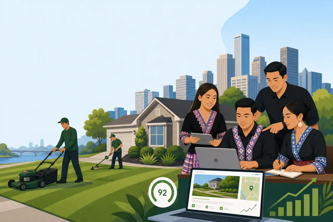 Illustration showing landscapers mowing and trimming a residential lawn while a team reviews analytics and a growth chart on laptops and tablets, repr