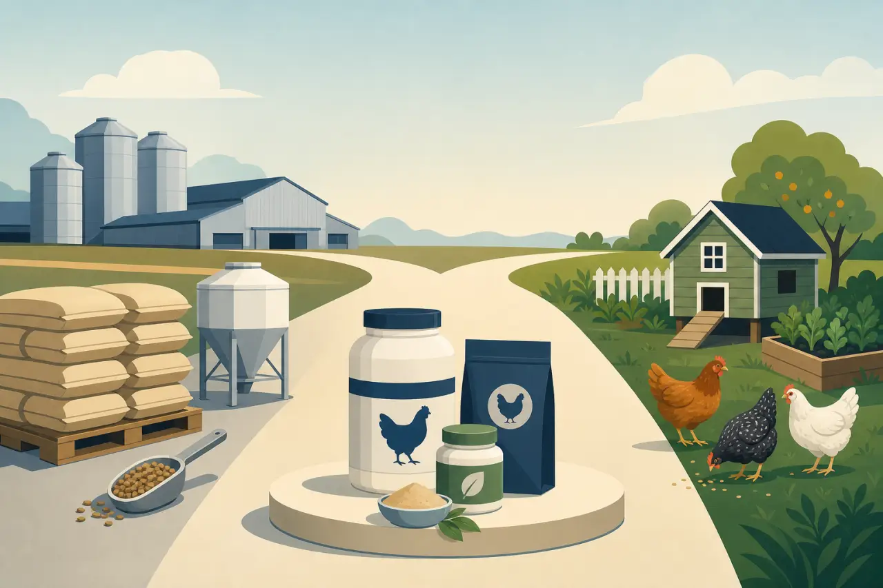 Illustrated farm scene with feed sacks, a silo, and branded jars and bags representing hmong poultry supplement shopify seo, set on a path leading to