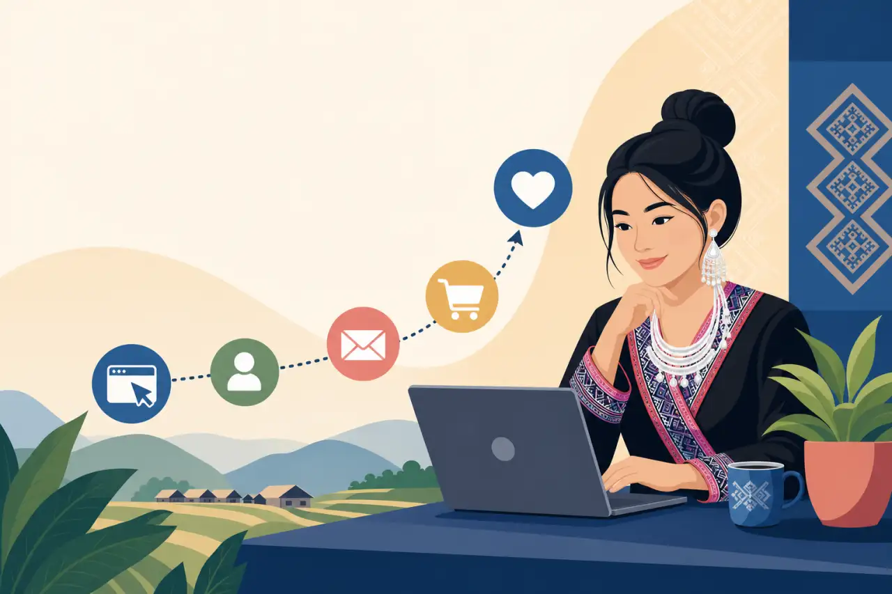 Illustrated woman in traditional Hmong attire uses a laptop beside icons representing browsing, profile, email, cart, and favorites, symbolizing strat