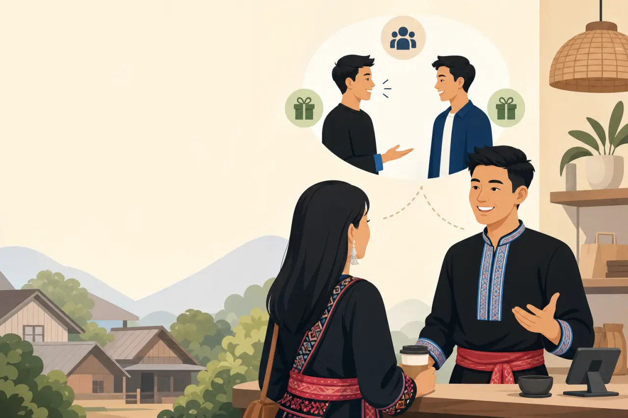 A shopkeeper in traditional embroidered attire chats with a customer over coffee at a village counter, with a thought bubble above illustrating referr