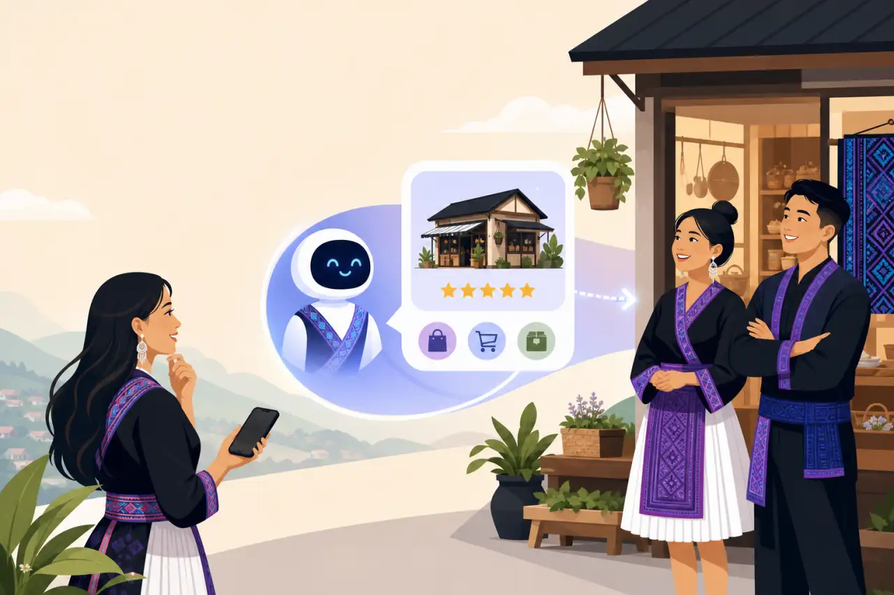 A woman in traditional embroidered attire checks her phone as a smiling AI robot displays a five-star rated shop with shopping icons, illustrating how