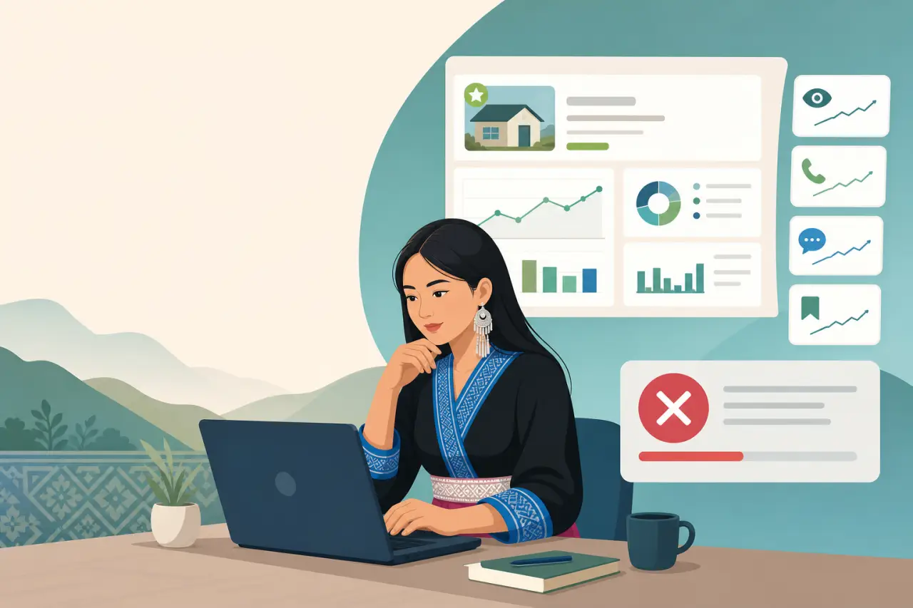 Illustration of a woman in traditional dress working on a laptop while reviewing analytics charts, a property card, engagement icons, and an error ale