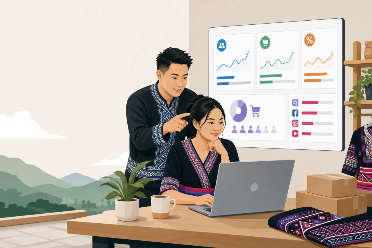 Illustration of two people in traditional embroidered attire reviewing a laptop and wall dashboard with sales charts and social media icons, illustrat