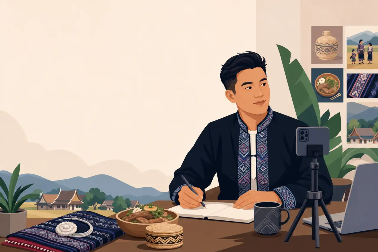 Illustrated man in traditional embroidered attire writes in a notebook beside a phone tripod and laptop, surrounded by textiles, food, and cultural ph