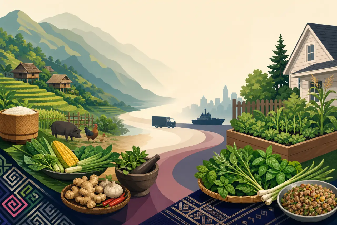 Illustrated banner depicting what is Hmong food through terraced hillside villages, a mortar and pestle with fresh herbs, rice, ginger, garlic, corn,