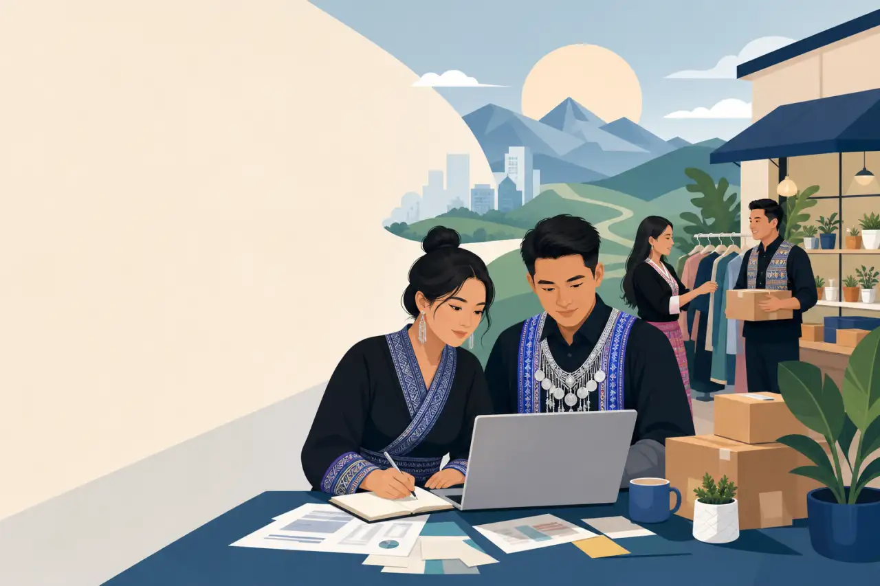 Illustration of a couple in traditional attire reviewing documents and a laptop at a desk, following a small business startup checklist while a shop w