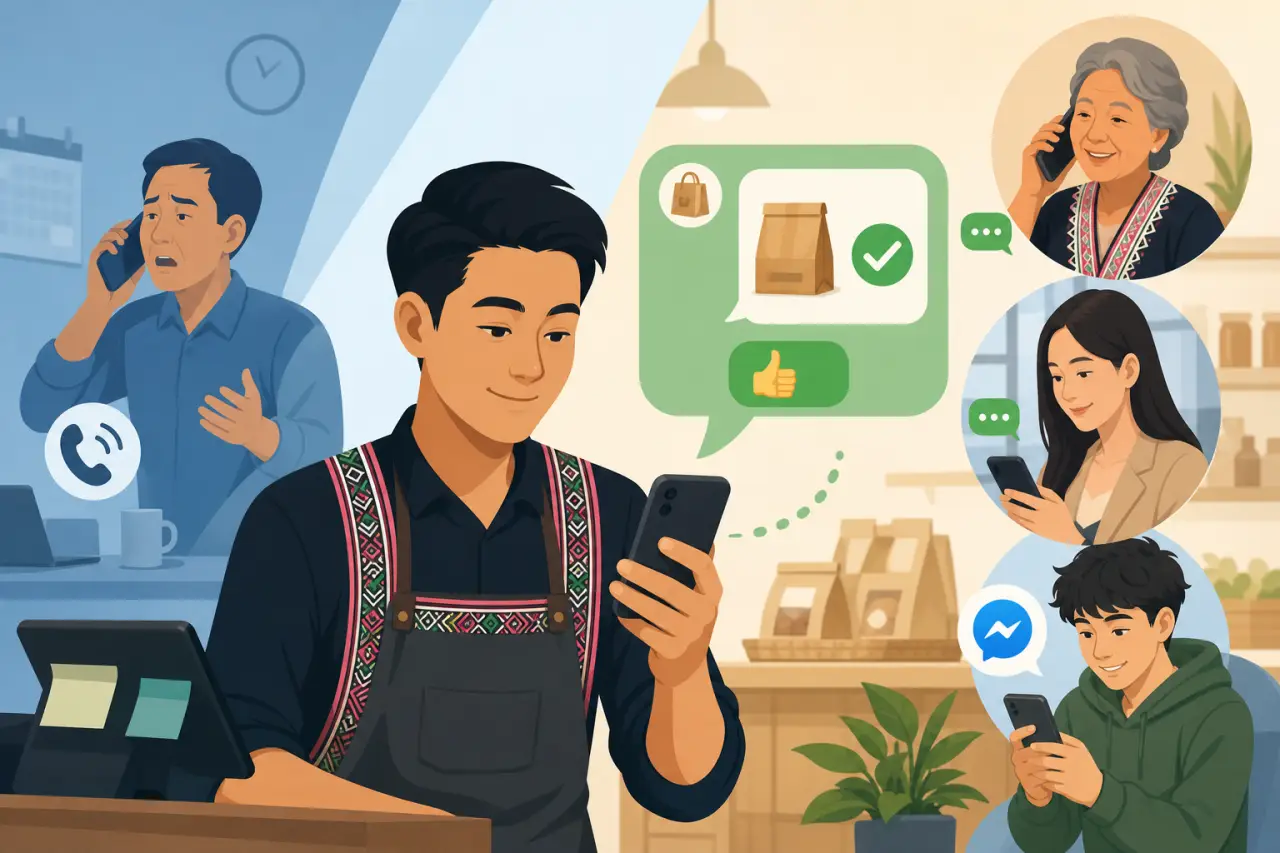 Illustration contrasting a stressed shopkeeper answering phone calls with a smiling clerk using a smartphone to confirm orders via chat, showing techn