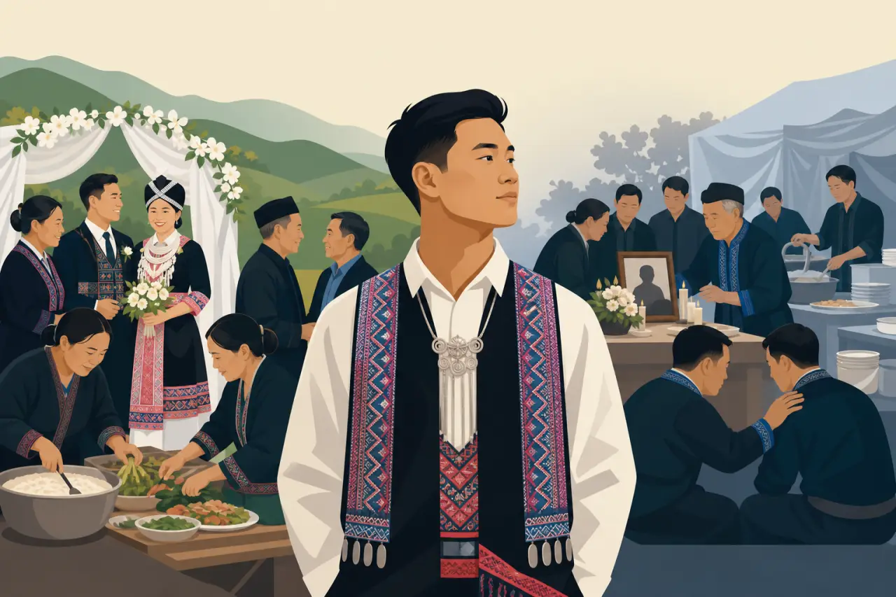 Illustration of a young man in traditional embroidered attire and silver pendant standing between a joyful outdoor wedding scene and a solemn memorial
