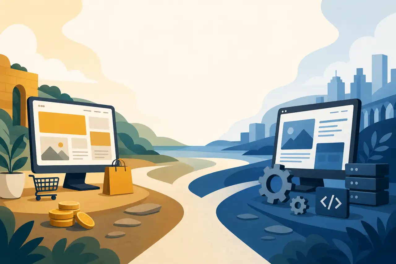 Illustrated split scene contrasting a golden e-commerce desktop with shopping cart and coins on one side and a blue coding desktop with gears and serv
