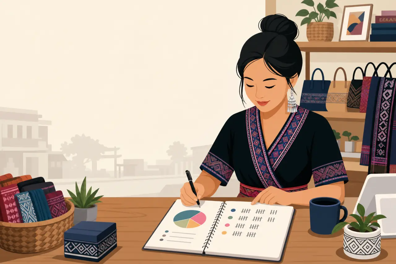 Illustrated woman in traditional embroidered attire records sales data with a pie chart in a notebook, surrounded by handwoven textiles and bags, illu