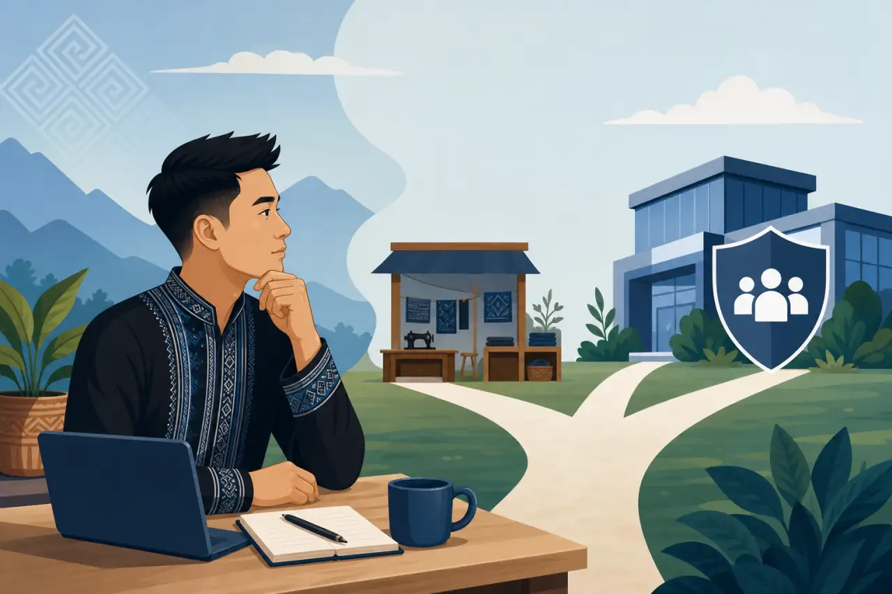 Illustration of a thoughtful man in traditional attire at a laptop desk, facing a forked path leading to a small craft stall and a corporate building