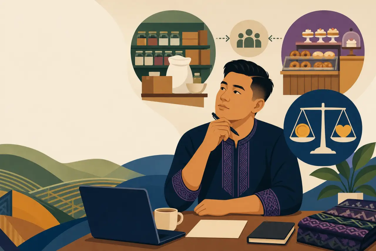 Illustration of a thoughtful man in traditional embroidered attire at a laptop, surrounded by icons of a pantry, bakery display, customer figures, and