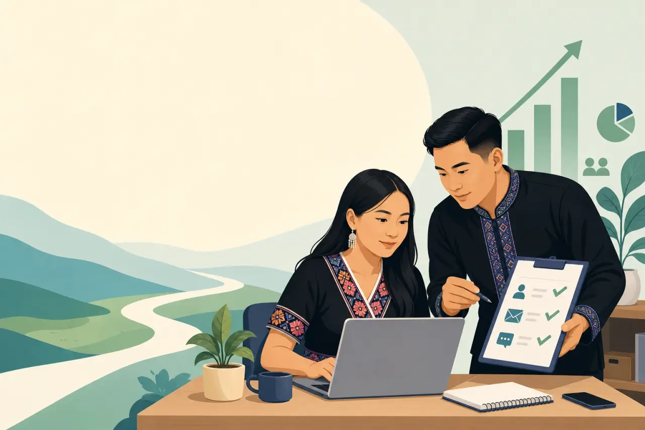 Illustration of two colleagues in traditional patterned attire reviewing a checklist on a clipboard beside a laptop, coffee mug, and notebook, symboli