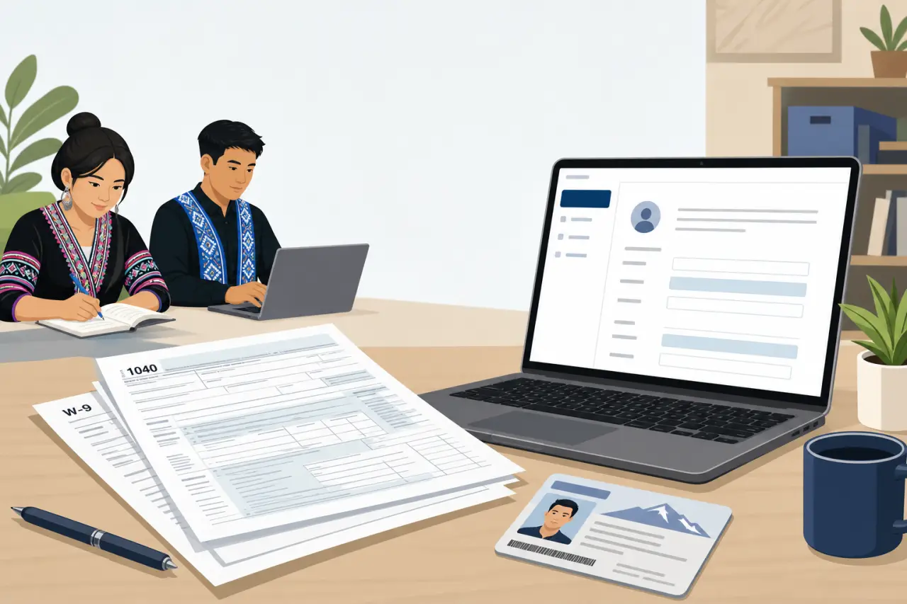 Illustration of two people in traditional embroidered attire completing paperwork beside a laptop displaying a profile form, with 1040 and W-9 tax doc